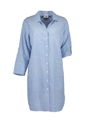 Blå og hvidt vertikalt stribet skjortekjole med knapper, krave og op-rullede 3/4 ærmer, med en brystlomme.