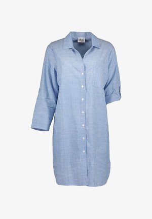 Blå og hvidt vertikalt stribet skjortekjole med knapper, krave og op-rullede 3/4 ærmer, med en brystlomme.