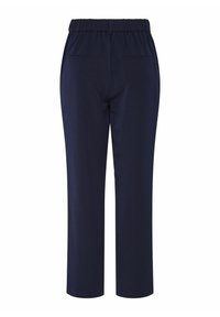 Tumši zili bikses ar elastīgu jostasvietu, gluda tekstūra, taisna kāju piegriezums un divas aizmugures kabatas.