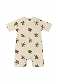 Maglietta a coste color crema con motivo di tartarughe in marrone e verde. Maniche corte e aperture per le gambe per una facile vestizione.