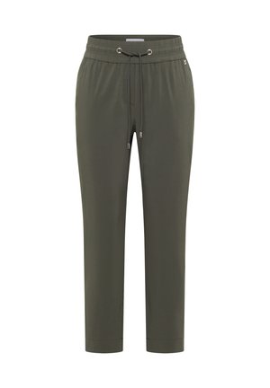 Pantalon vert olive fuselé avec taille élastique et cordon ajustable, avec poches latérales et ourlets retroussés.