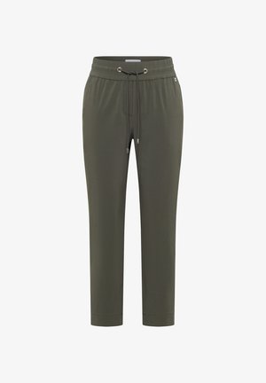 Pantalones verde oliva ajustados con cintura elástica y cordón ajustable, con bolsillos laterales y bajos con puños.