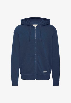 Marineblå hettejakke med glidelås, snøring i hetten, kengurulomme, ribbestrikkede mansjetter og kant, laget av en myk bomullsblanding.