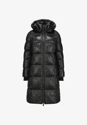 Schwarze Daunenjacke aus glänzendem Material, mit Kapuze, Reißverschluss vorne, elastischen Bündchen und einem gesteppten Design mit großen, gepolsterten Abschnitten.