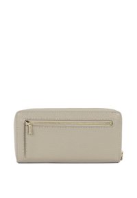 Beige leather wallet with a textured surface, featuring a front zip pocket and gold-tone hardware along the top zipper.