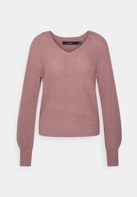 Maglione lavorato a maglia di un rosa chiaro con scollatura a V, maniche lunghe, polsini e orlo a costine; presenta un motivo testurizzato su tutta la superficie.