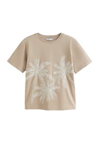 Beige bavlněné tričko s vyšitými bílými vzory palmy na přední straně. Kulatý výstřih, krátké rukávy a volný střih.