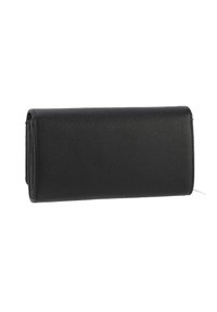 Zwarte leren portemonnee met een gestructureerde afwerking, rechthoekige vorm en een gevouwen ontwerp. Beschikt over een subtiele naad en een witte trekstrip.