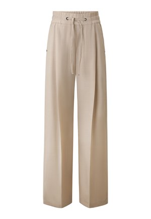 Beige wide-leg trousers with a drawstring waistband. Made of smooth fabric, featuring two side pockets and a relaxed fit.