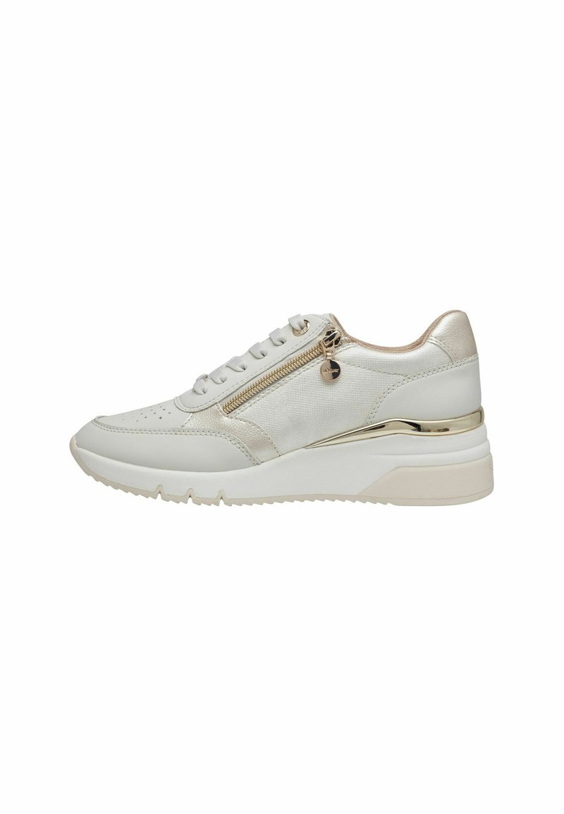 White sneaker with metallic gold accents, a zip closure on the side, and a textured upper. Features a thick white sole for support.
