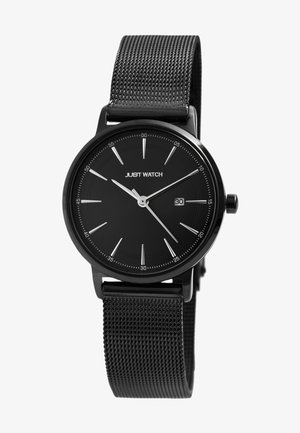 Black mesh strap watch with a round black dial, silver hour markers, and date display. Features smooth texture and minimalistic design.