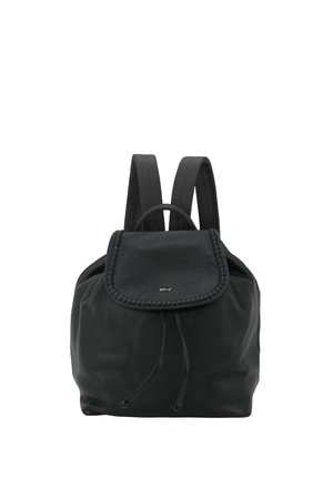 Black leather backpack with drawstring closure, flap with small "abro" logo, and two padded shoulder straps.