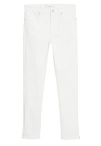 Vaqueros de denim blanco con un corte ajustado, diseño clásico de cinco bolsillos y sutiles cortes en el dobladillo, fabricados con un resistente material de mezcla de algodón.