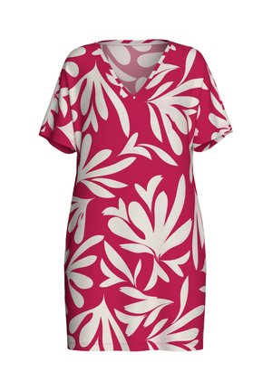 Korte mouwen, knielange jurk met V-hals, met een opvallend wit bladpatroon op een felroze achtergrond.