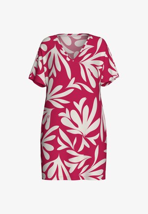 Korte mouwen, knielange jurk met V-hals, met een opvallend wit bladpatroon op een felroze achtergrond.