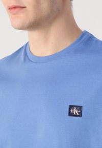 Jasnoniebieska bawełniana koszulka z okrągłym dekoltem, krótkimi rękawami i małą ciemnoniebieską naszywką z logo Calvin Klein na przedniej lewej stronie.