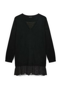 Czarny sweter z dekoltem w serek i długimi rękawami, z warstwową, przezroczystą lamówką ozdobioną subtelnymi złotymi kropkami. Miękka dzianina na całej powierzchni.