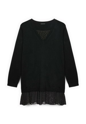 Sort V-hals sweater med lange ærmer, der har en lagdelt gennemsigtig kant med subtile gyldne prikker. Blød strikket tekstur over det hele.