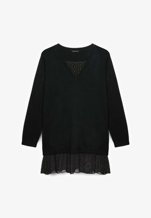 Czarny sweter z dekoltem w serek i długimi rękawami, z warstwową, przezroczystą lamówką ozdobioną subtelnymi złotymi kropkami. Miękka dzianina na całej powierzchni.