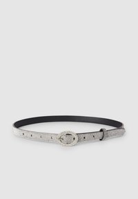 Cintura nera decorata con strass argentati, dotata di una fibbia circolare e una superficie liscia. Design classico con adattamento regolabile.