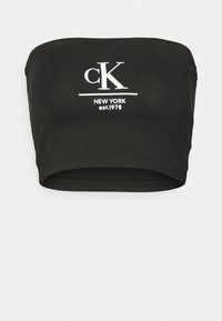 Černý top bez ramínek vyrobený z jemné bavlny, s bílým logo textem "cK NEW YORK est.1978" vpředu. Hladký povrch, bez ramínek.