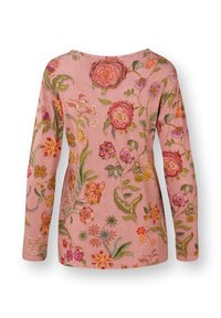 Rosa Langarmoberteil mit lebendiger floralem Stickerei in verschiedenen Farben und Designs, mit rundem Halsausschnitt und strukturiertem Stoff.