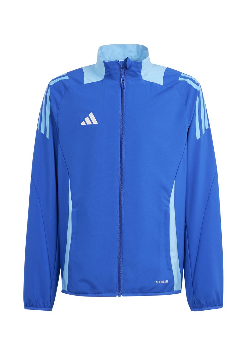 Blaues Sportjackett mit hellblauen Akzenten, durchgehendem Reißverschluss, hohem Kragen, zwei Seitentaschen und weißen Logodetails auf der Brust.
