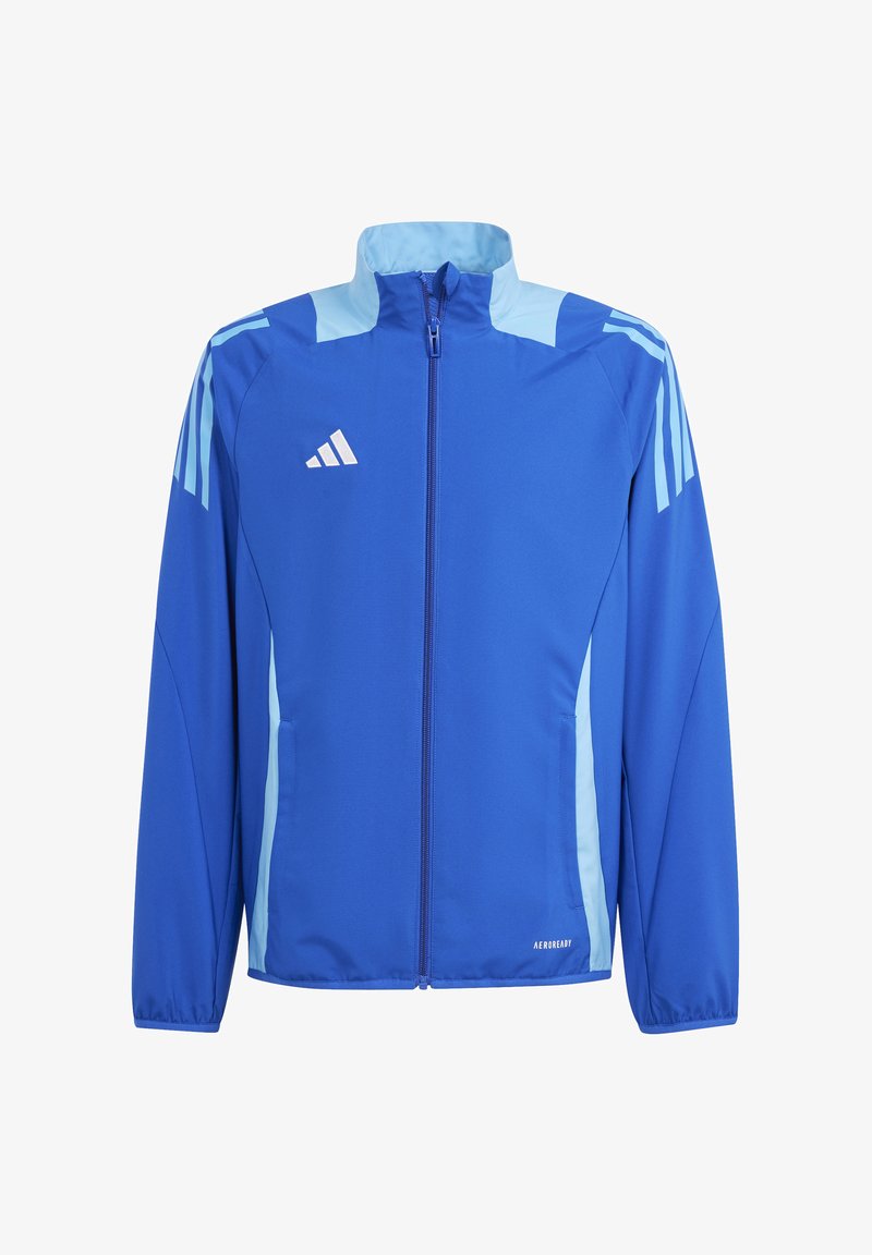 Blauwe sportjack met lichtblauwe accenten, volledige rits aan de voorkant, hoge kraag, twee zijzakken en witte logo-details op de borst.