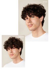 Le collage montre deux images : avant et après le changement de coiffure. Les cheveux sont sombres et bouclés dans les deux cas. Le mannequin porte une chemise blanche simple dans les deux images.