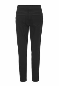 Zwarte skinny jeans met een gladde stof, middelhoge taille en twee achterzakken met subtiele stiksels.