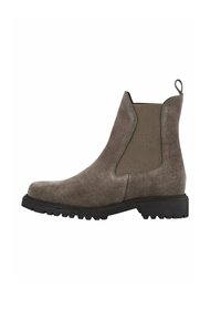 Bottine en suede grise avec des panneaux élastiques sur les côtés, une sangle de traction et une semelle en caoutchouc noir robuste présentant un motif de traction texturé.