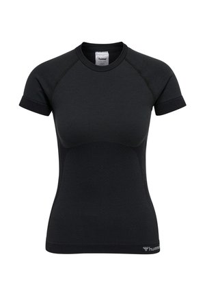 Sort kortærmet atletisk tætsiddende trøje med rund hals, tekstureret panel foran og lille hummel-logo nær den nederste kant.