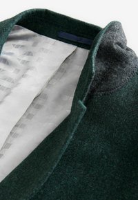 Palton verde din lână cu guler gri, având o căptușeală interioară netedă, cu un model dintr-un material ușor. Detaliile includ cusături precise și un design al reverului.