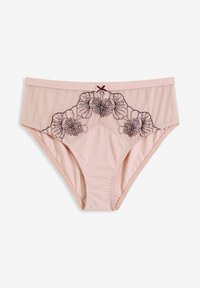 Perizoma rosa con ricami floreali in filo scuro. Presenta un tessuto morbido, un taglio a vita media e un piccolo fiocco decorativo nella parte anteriore.