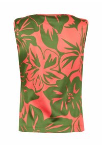 Top senza maniche floreale con un vivace design corallo e verde. Tessuto liscio con grandi motivi di foglie e fiori. Collo rotondo.