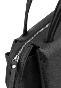 Black textured leather handbag with dual handles, silver zipper, and angular shape. Features a zippered compartment and accent stitching.