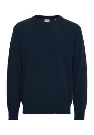 Marineblauwe gebreide trui met een ronde halslijn, lange mouwen, geribbelde manchetten en onderrand, met een zachte textuur en minimale details.