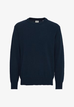 Tumesinine kootud sviiter, millel on ümmargune kaelus, pikad varrukad, soonikkoes mansetid ja äär, pehme tekstuur ning minimaalne detailitus.