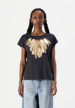 Black short-sleeve t-shirt featuring a metallic gold feather print across the chest. The fabric is soft, with a relaxed fit.