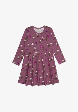 Langärmliges Kleid in Mauve, mit einem floralen Muster aus weißen Schneeglöckchen und lila Krokussen. Ausgestellter Rock mit Rundhalsausschnitt.
