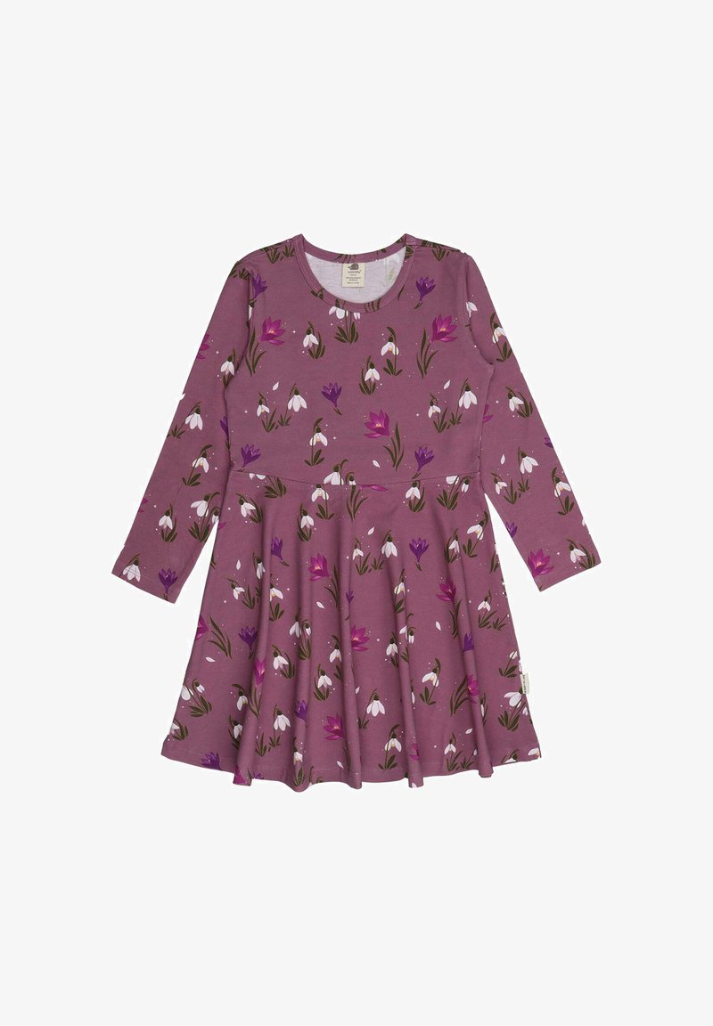Langärmliges Kleid in Mauve, mit einem floralen Muster aus weißen Schneeglöckchen und lila Krokussen. Ausgestellter Rock mit Rundhalsausschnitt.