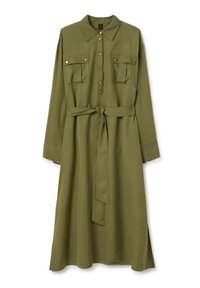 Olivgrünes Kleid mit langen Ärmeln, Knopfverschluss vorne, zwei Brusttaschen, tailliertem Gürtel und schwingendem Rock. Glattes Material mit matter Oberfläche.