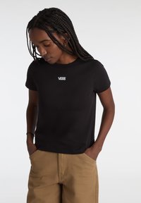 Zwarte katoenen T-shirt met korte mouwen en een ronde hals, voorzien van een witte Vans-logo in het midden van de borst.