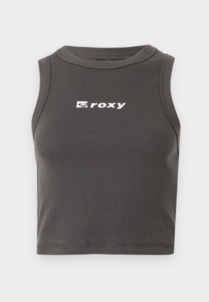 Gray ribbed cropped tank top with a round neckline and sleeveless design. Features white "roxy" logo on the front.