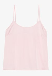 Rosa cami-top med tynne stropper, laget av glatt, lett stoff. Har rund hals og en avslappet passform. Ingen synlige mønstre eller dekorasjoner.