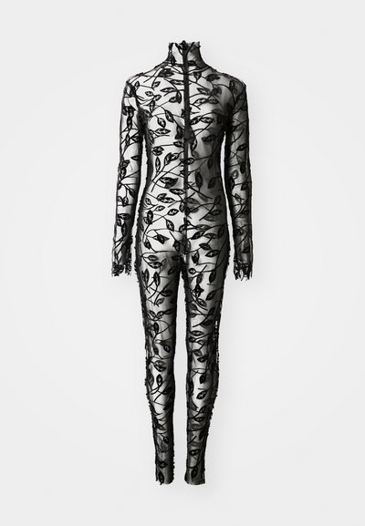 Black, sheer jumpsuit with long sleeves, high collar, and a front zipper. Features floral embroidered patterns throughout. Textured edges.