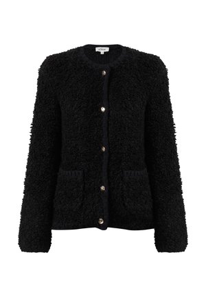 Cardigan noir texturé à boutons, avec des manches longues et deux poches avant, doté de boutons ronds en argent et d'un col ras du cou.
