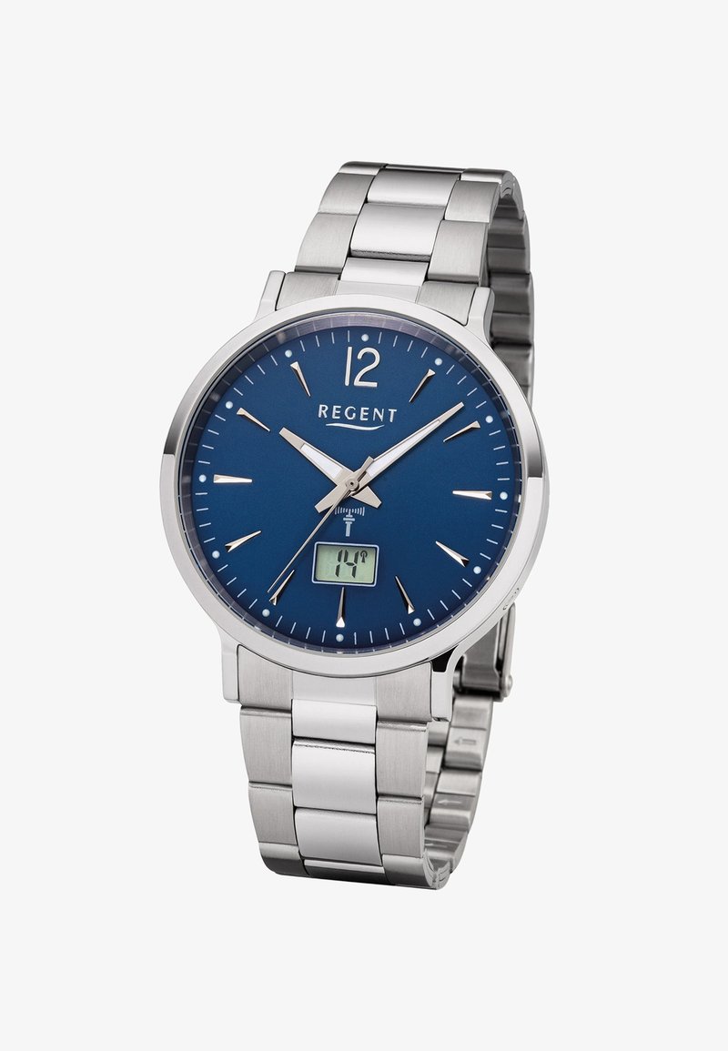 Silver metal band wristwatch with blue face, analog hands showing 10:10, digital date display, and "REGENT" branding.