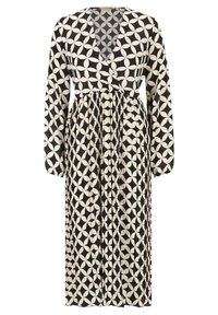 Černé a krémové vzorované šaty s dlouhými rukávy, V-výstřihem a plisovanou sukní s oblíbenými kruhovými motivy. Měkká látka s volným designem.
