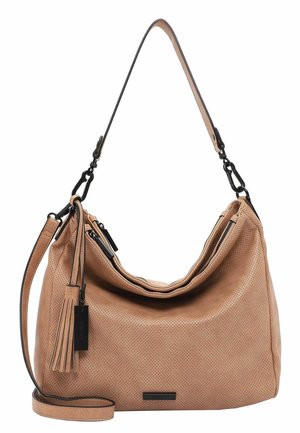 Tan perforeret læderhåndtaske med et slapt design, aftagelig skulderrem og lynlås lukning. Har en kvast og et mærke med branding.